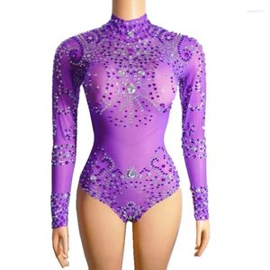 Sahne Giyim Seksi Mesh Kristal Şeffaf Terjde Bar Gece Kulübü Kostüm Kutup Dans Taytlar Acrobasics Performans Rhinestones Bodysuit