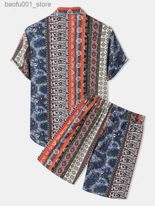 Tute da uomo Tute da uomo Uomo Uomo Vintage stampato risvolto Set manica corta camicia hawaiana pantaloncini per l'estate abiti casual streetwear etnico Q240228