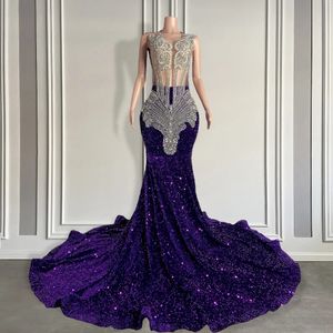 Luxo roxo lantejoulas sereia baile de formatura vestido de gala feminino prata frisado vestido longo 2024 para meninas negras 240226