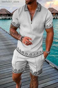 Męskie dresy męskie męskie Summer Casual Polo Shirt Zestaw Męski Modny Tracksuit Solidny kolor Kolor Trun Down Collar Zapip Ubranie Vintage Q240228