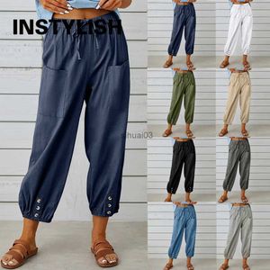 Jeans da donna Pantaloni di lino in cotone da donna 2023 Pantaloni dritti larghi in vita elastica in tinta unita autunno Pantaloni larghi a vita alta Harajuku femminili