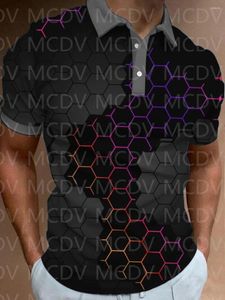 Męska czarna granica sześciokąta 3D Casual Printed Short-Sleeved Polo Shirt Summer Tops