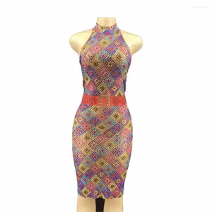 Stage Wear Neck-Mounted Shining Colorful Rhinestones Sexy Women Dress Sleeveless Festival Party Club Clothing Singer Costumes