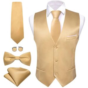 Colete de luxo para homens ouro sólido seda cetim colete gravata borboleta conjunto sem mangas jaqueta casamento formal masculino gilet terno barry wang 240228