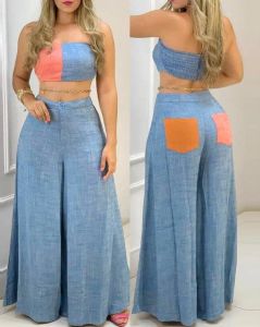 Passar Two Piece Set Womens Outifits Summer Fashion Colorblock Bandeau ärmlös Shirring Crop Top Casual Wide Ben Long Pants Set