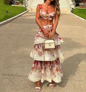 Sukienki robocze damskie dwupoziomowe strój Seksowna kamizelka kwiatowa z odsłoniętą pępką koronkową spódnicę moda 2024 Casual