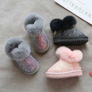 Sneakers barn snöstövlar 010 år för babyrosa flickor, barn vinterskor, varm plysch mode plattor korta stövlar svart grå