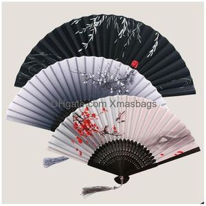 Produtos de estilo chinês japonês seda dobrável fã haste de madeira dança clássica de alta qualidade borla elegante feminino decoração de casa dro dhqex