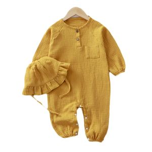 Куртки для маленьких мальчиков и девочек, одежда для новорожденных, комбинезон + шапки, весенне-осенний комбинезон для младенцев, хлопковый длинный комбинезон