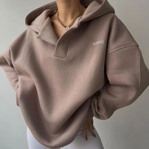 Longsleved Sweatshirt Fashionabla Womens Vneck Hoodies Stylish Solid Color Pullover Tops för Autumn Winter Streetwear 240223