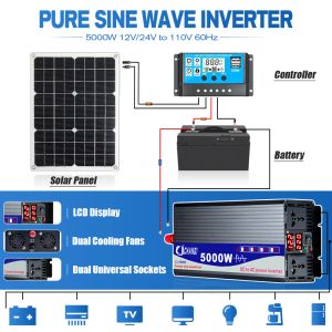 태양 태양 광 패널 5000W 12V 24V ~ 110V 60Hz 순수 사인파 인버터 태양 에너지 발전기 시스템 키트 완전한 액세서리 LCD