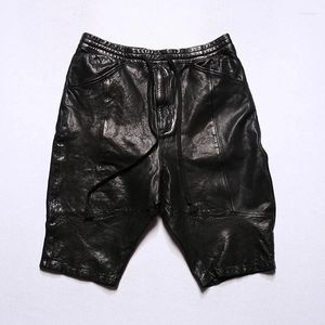 Herren-Shorts, Sommer, Zwerchfell, pflanzlich gegerbtes Schaffell-Leder, elastische Taille, Kordelzug, lose lässig, fünf Hosen, Größe L