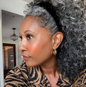 Fashion Beauty African American Human Hair Ponytail Srebrny Grey Pony Ogon przedłużenie Sairpiece Klip na szarym afro fryzury 5264256