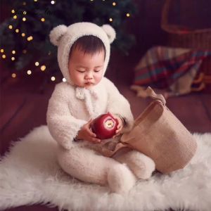 Conjuntos infantis urso traje fotografia roupas veet macacão + chapéu fotografia do bebê outono terno do bebê 1 ano foto roupas