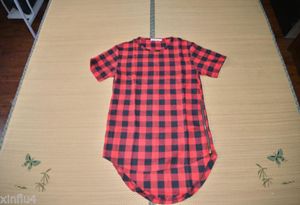 Summer Men039s Tshirt Hip Hop Lengenten Red Plaid Cotton Flannel T Shirts Arc Hem Gold ZipperサイズM3XL9963170