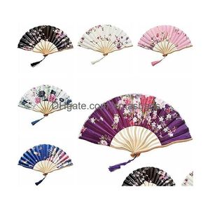 Chinese Style Products Vintage Silk Folding Fan Retro Japanese Bamboo Tassel Dance Hand Home Decoration Ornament Craft Gift Drop Del Dhnb9