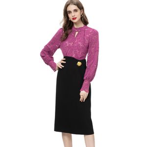 Women's Runway Dresses O Neck Long Sleeves Embroidery Lace Bodice Patchwork Sexy Keyhole Elegant Fashion Pencil Vestidos