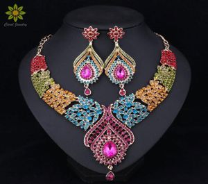 Mode Braut Schmuck Sets Hochzeit Halskette Ohrring Für Bräute Party Zubehör Gold Farbe Kristall Indische Frauen Dekoration6212597