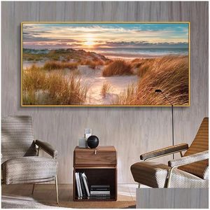 Gemälde Strand Landschaft Leinwand Malerei Innendekorationen Holzbrücke Wandkunst Bilder für Wohnzimmer Wohnkultur Meer Sonnenuntergang Pri Dhjxt