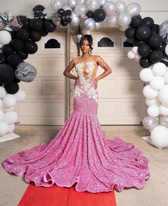 Sheer O Pink Neck Long Prom Dress for Black Girls 2024 Applicies Birthday Party Dresses Sequined aftonklänningar sjöjungfruskal