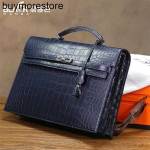 Handmade Business briefcase 38cm Genuine Leather Men Briefcase Genuine Black Mamba Crocodile Skin Dark Blue Flap Small High end with Lock Fashion