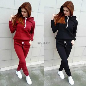 Kvinnors tvåbitar byxor Autumn Womens Fleece Tracksuit 2 stycken Set Pullover Hoodies+Pants Sport Suit Female Winter Warm Sweatshirt For Woman