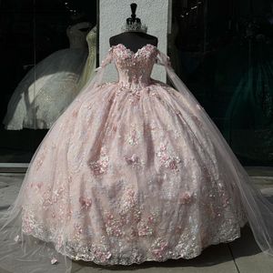 Pink Shiny Princess Quinceanera Dresses With Cape Applique Lace-up Corset Prom Sweet 15 Dress vestidos de 15 anos