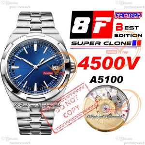 8F Overseas 4500V Ultra-Thin A5100 Självlindande Automatisk herrklocka 41mm Blue Stick Dial Rostfritt stål Armband Super Edition Watches Puretime Reloj Hombre