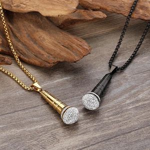 Pendant Necklaces HaoYi Gold Black Microphone Zircon Hip Hop Rock Stainless Steel Men's Necklace