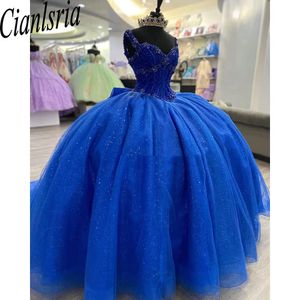 Raye Blue Glitter cekinowany Kryształowa suknia kulowa quinceanera sukienki spaghetti bok bokset vestidos de 15 anos