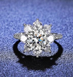 Moissanite Lüks Güneş Çiçeği 20 Karat Elmas Lotus Kadın039s Süslü Alyans Sterling Gümüş Takı Box7926782