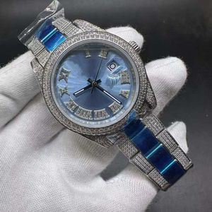 Diamant-Herrenuhr, Automatikwerk 2813, Gehäuse mit CZ-Steinen, diamantbesetzte römische Zahlen, blaues Zifferblatt, Armband, Sonderedition