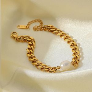 Link Armbänder Natürliche Perle und Kubanische Kette Kombination Armband Für Frauen Mädchen Edelstahl Schmuck Geschenk