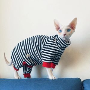 Kläder sphynx kattkläder sträcker svart bomullsrock för hund randig vinter thirt för Devon Rex Soft 4Legged Jumpsuit Cat Accessories