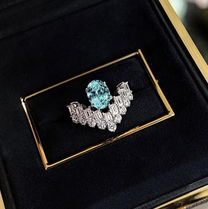 Choucong marca anéis de casamento jóias de luxo real 100% 925 prata esterlina oval corte aquamarine branco moissanite diamante pedras preciosas festa feminino anel de noiva presente