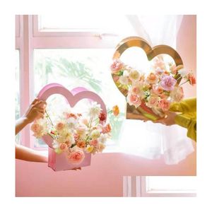 Presente Envoltório Hand Held Flower Box Heart-Shaped Bundle Fresh Love Cesta Portátil Papel Flores Embalagem Saco Drop Delivery Home Garden Dhw3P