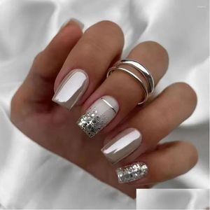 偽の爪24pcsネイルチップdiy fake nials glitter sier long square long frenchドロップデリバリーヘルスビューティーアートサロンotfqu