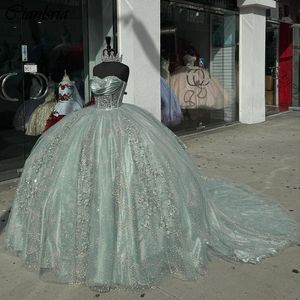Princess Illusion Sweetheart Ball Gown Quinceanera Dresses Crystal Beading Appliques Lace Corset Vestidos de 15 Anos