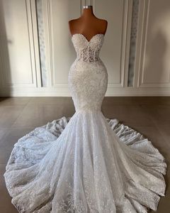 2024 Luxury Mermaid Wedding Dresses Bridal Gowns Sweetheart Illusion Full Lace Appliques Crystal Beads Plus Size African Nigerian Fishtail