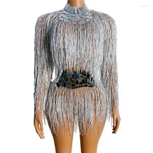 Stage Wear Mirror Tassel Bodysuit Mesh Transparent Backless Jazz Dance Costume Nightclub Female DJ Singer Dancer Performance Fringe Leotard