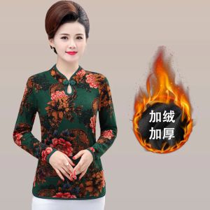 T-shirt vinter varm veet tjock cheongsam blus traditionella orientaliska kinesiska kläder för kvinnor toppar vår höst qipao blommor topp