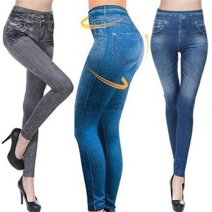 Calças femininas capris fitness bolsos falsos cintura alta leggings falso denim jeans sexy elástico jeggings macio casual fino lápis calças