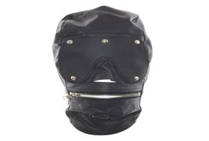 Maschera a pieno facciale in pelle PU di alta qualità con museruola con cerniera aperta con cerniera schiava bocca cappuccio copricapo completamente chiuso per giochi di ruolo sexy A5127488