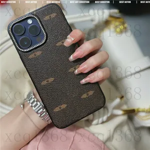 iPhone 15 14 Pro Max Case Designer Telefonfodral för Apple 15Pro 14Pro 13 12 11 XS XR 15 Plus Luxury Pu Faux Leather Rhinestone Mobile Cell Back Bumper Covers