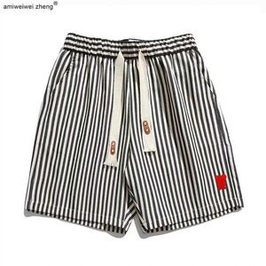 Men's Shorts Ami Wei Luxury Brand Mens Striped Shorts Chic Love Heart Embellished Elasticated Waist Models 2023 Summer New AMI DK J240228