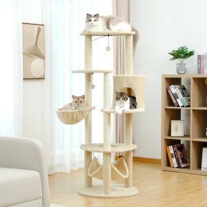 Scratchers H152CM Large Cat Tree Tower Condo Perch Sisal Scratching Posts for Kitten MultiLevel Tower with Fully Ball Hummock Grey & Beige
