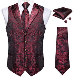 Designer Mens Suit Vest Red Paisley Wedding Party Silk Waistcoat Neck Tie Handkakor Manschettknappar Gilet Men kläder Dibangu 240228