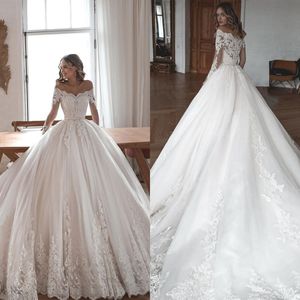Vintage Elegant A Line Wedding Dresses Lace Applique Off Shoulder Long Sleeve Bridal Gown Sweep Train Vestidos De Novia Custom