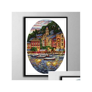 Craft Tools Small Town By The Sea Diy Cross Stitch Embroidery Needlework Sets Counted Print On Canvas Dmc 14Ct 11Ct Cloth Long-Staple Ot56S