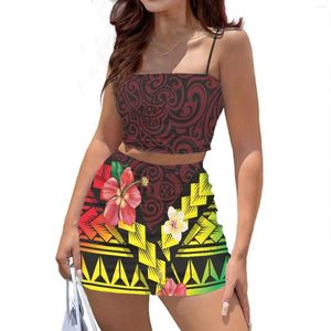 Work Dresses Polynesian Tribal Hawaiian Totem Tattoo Hawaii Prints Fashion Street Outfits Sleeveless Crop Top And Skirt Two Piece Set